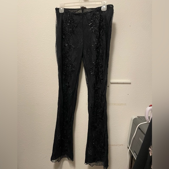 Oh Polly Flare Lace Beaded Black Pants Women UK 10 US 6 WhimsiGoth Fairy sheer - Picture 1 of 16